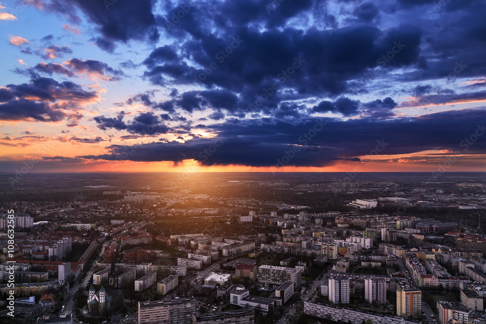 Wroclaw city under sunset, panoramic air view. Poland