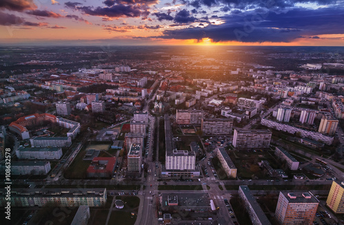 Wroclaw city under sunset, air view. Poland,