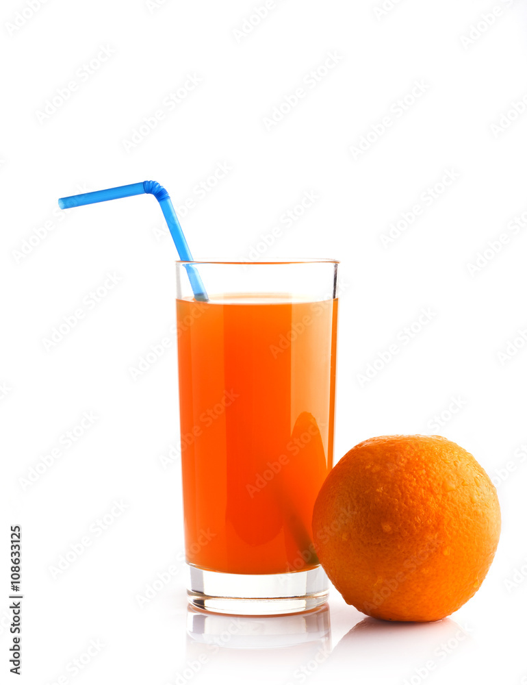 juice from the orange into a glass tube with blue and orange on a white background juice from the orange into a glass tube with blue and orange on a white background