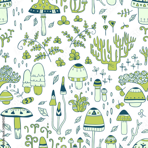 Mushrooms. vector seamless pattern with hand drawn mushrooms and forest herbs