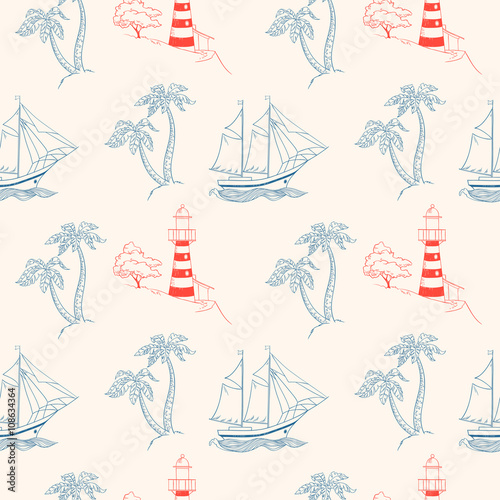 Sea adventure. seamless pattern with hand drawn summer travel objects