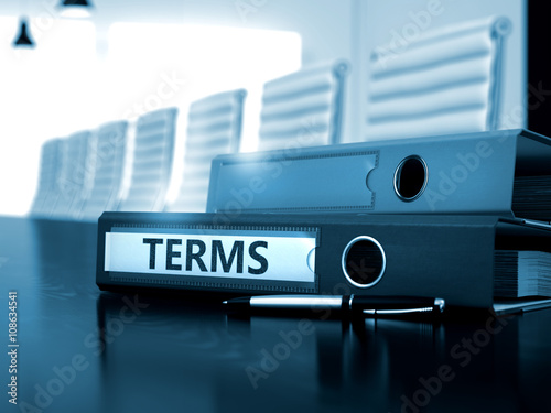 Terms - Binder on Black Desktop. Terms - Illustration. Terms - Business Concept on Blurred Background. Binder with Inscription Terms on Wooden Desk. Toned Image. 3D Rendering.  photo