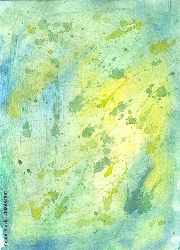 Abstract watercolor background with blots. Green and yellow colors