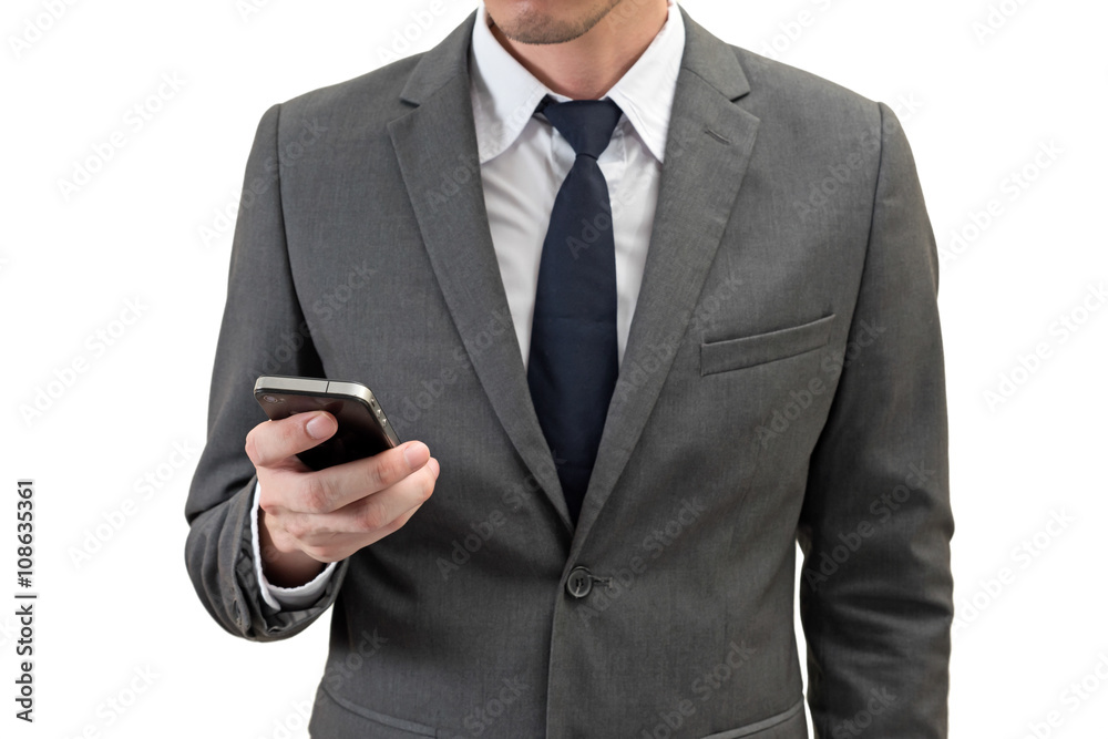 Businessman holding mobile phone isolated on white background. Businessman holding mobile phone isolated on white background.