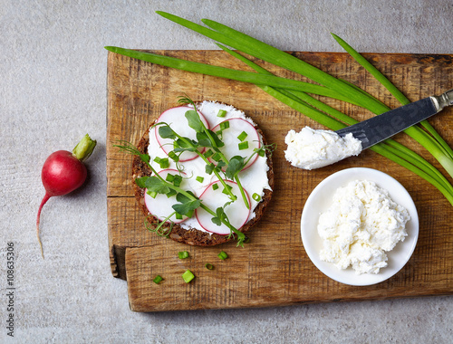 Healthy sandwich with organic multi grain bread, cream cheese an