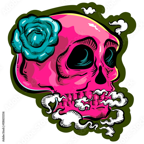 pink skull , smoke , blue rose white background