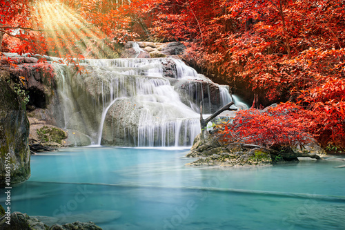 Waterfall in autumn forest at Erawan waterfall National Park, Thailand 