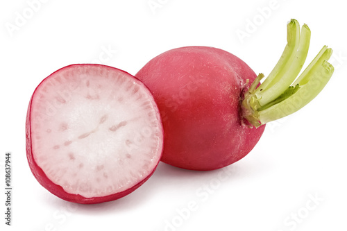 Two raw organic small garden radishes with leaves and one cutted isolated on white background