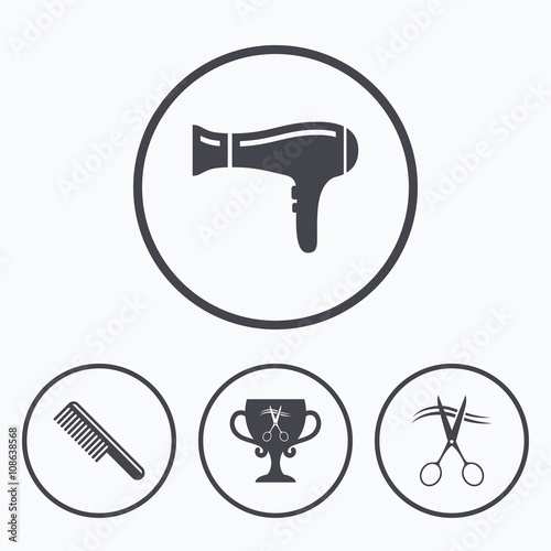 Hairdresser icons. Scissors cut hair symbol.