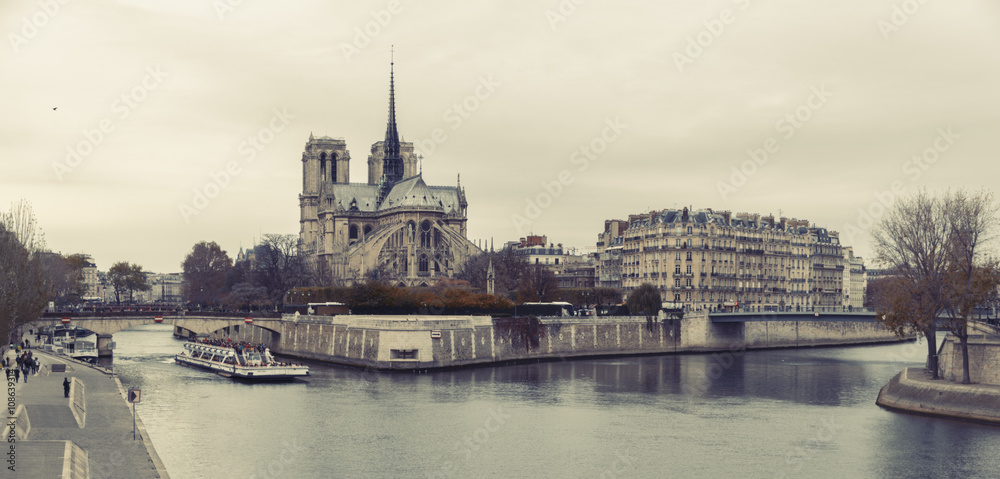 Panorámica de la catedral de Notre Dome en Paris, Francia