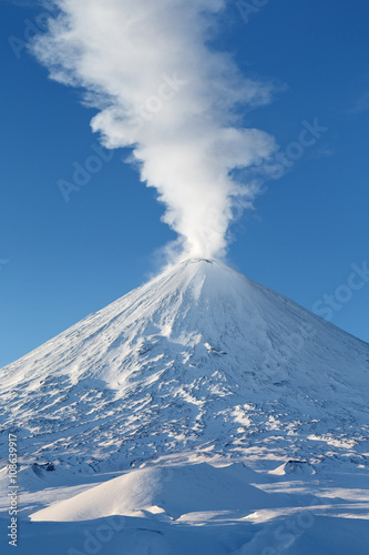 Klyuchevskoy Volcano: winter view of top of volcano eruption