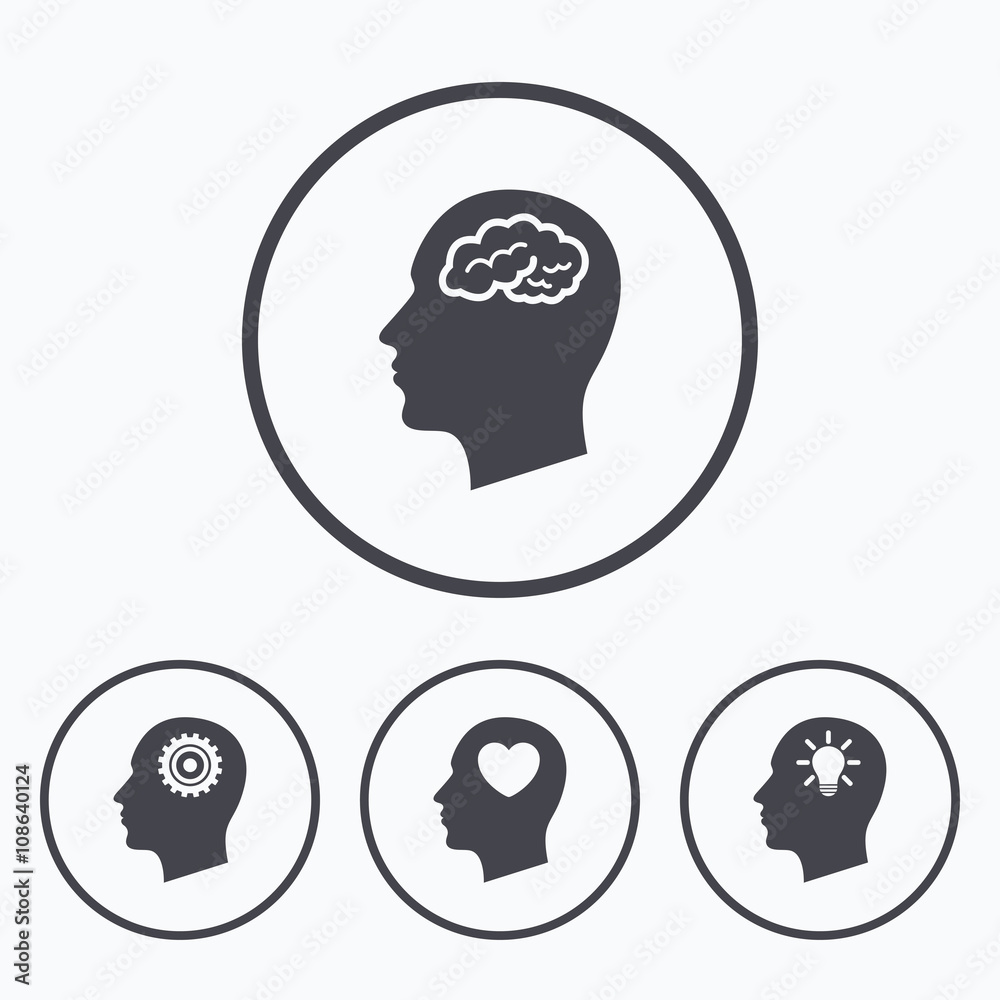 Head with brain icon. Male human symbols. Head with brain icon. Male human symbols.