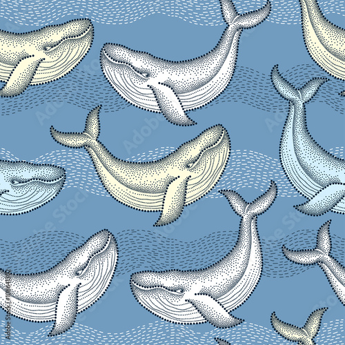 Vector seamless pattern with dotted humpback whale in pastel colors on the blue background with striped waves. Maritime theme with whales. Summer background in dotwork style. 