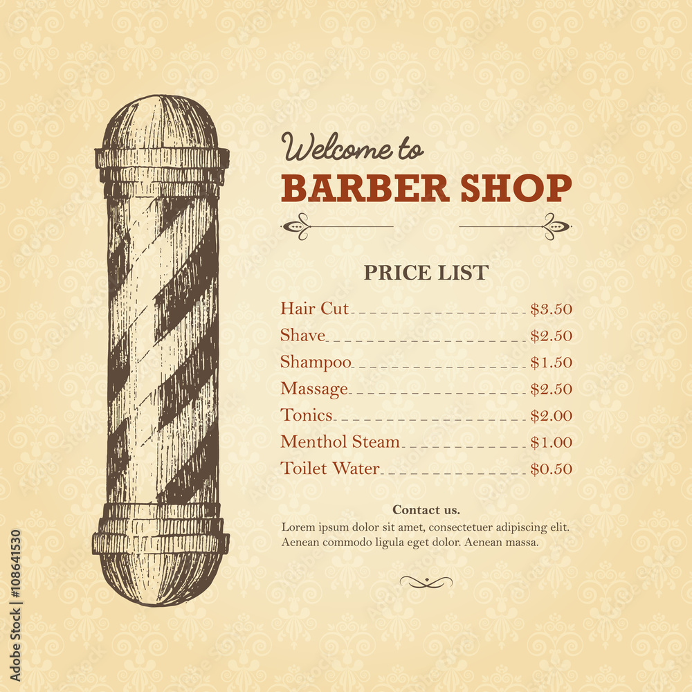 Vintage template of barber shop price list with pole. Stock Vector
