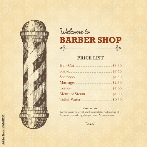 Vintage template of barber shop price list with pole.