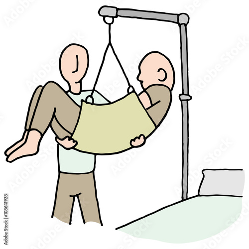 Disabled man lifted by hydraulic lift machine