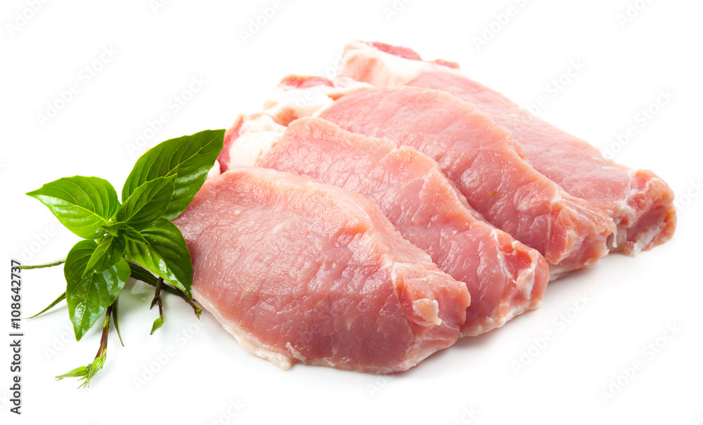 Meat, pork, slices pork loin on a white background