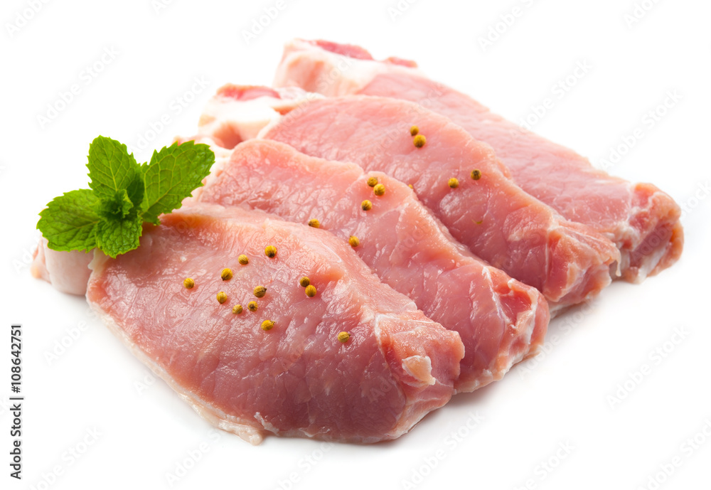 Meat, pork, slices pork loin on a white background