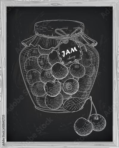 beautiful jar of homemade jam with cherry on a black background