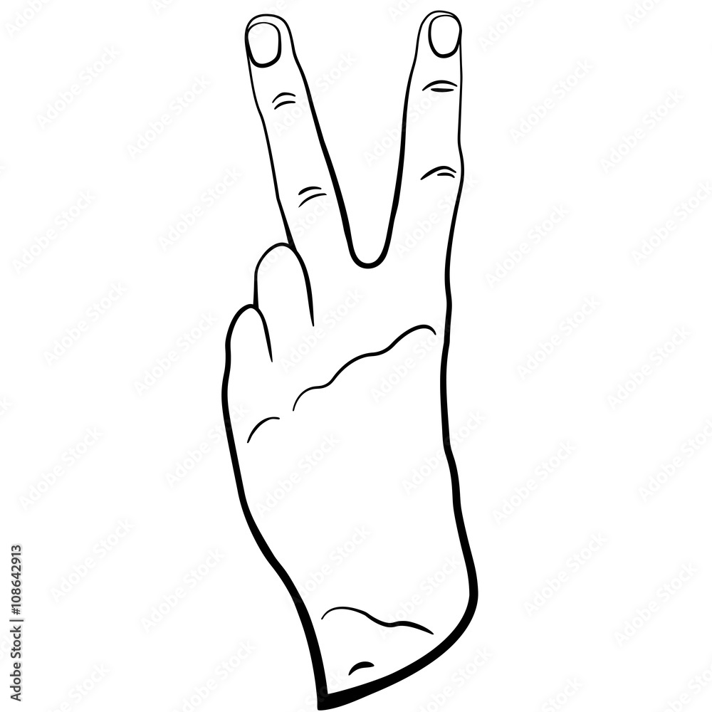 Painted hand. Contour vector hand. Isolated hand with V. Two fingers. Number two. Hand showing two. Painted hand. Contour vector hand. Isolated hand with V. Two fingers. Number two. Hand showing two.