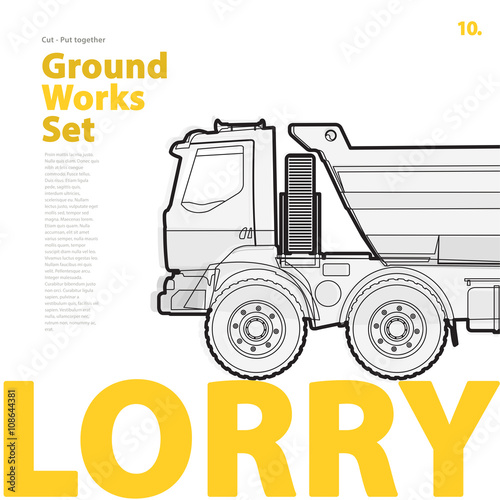 Outline typography set with lorry. Outlined truck. Construction machinery vehicle. Construction equipment for building. Nice ground works typography page.