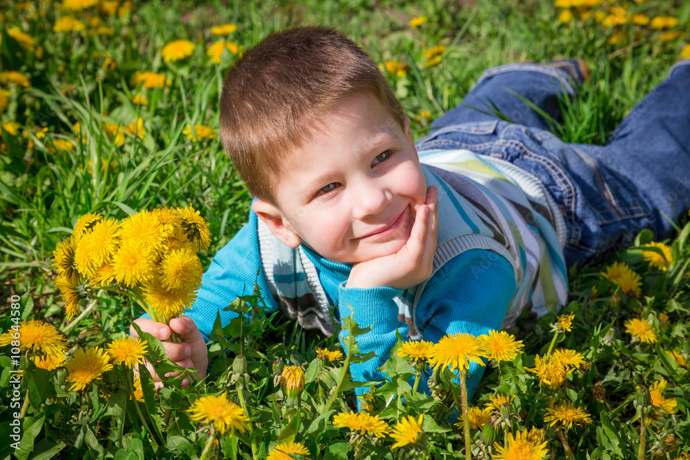 Little boy with bunch of dandelions on lawn Little boy with bunch of dandelions on lawn