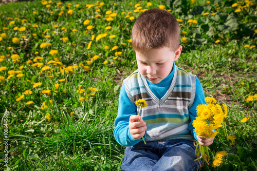 Little boy on the field with dandelions in hands © Sergiy Bykhunenko