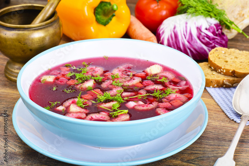 Healthy Food: Soup with Beets, Tomato and Vegetables