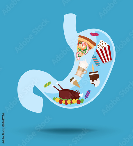 Stomach vector icon with unhealthy food, concept of nutrition