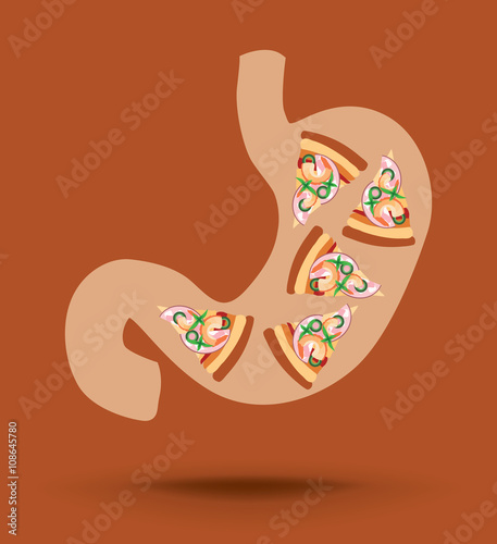 Stomach vector icon with pizza, concept of nutrition and unhealthy food