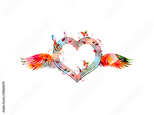 Colorful heart shaped stave with wings