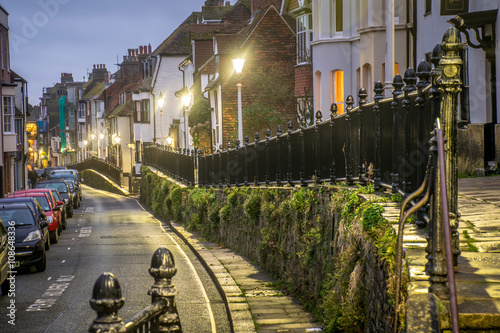Old historic and period buildings on the High Street in Hastings Old Town,