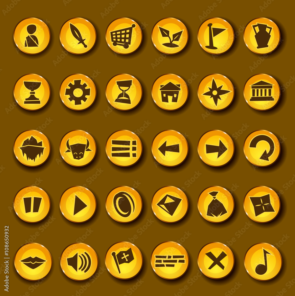 Cartoon vector video game icon set in greek style. Gold coinds with video  game app symbols for graphic user interfaces of fun games for  mobiles,tablets and computers Stock Vector | Adobe Stock