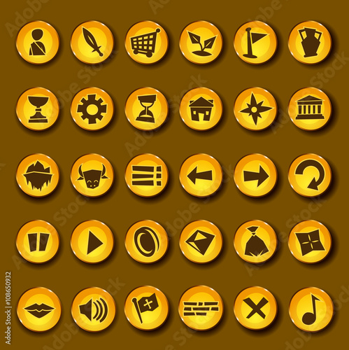 Cartoon vector video game icon set in greek style. Gold coinds with video game app symbols for graphic user interfaces of fun games for mobiles,tablets and computers
