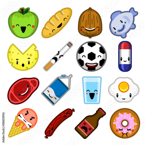 Cartoon vector video game characters and icons related with food and healthy lifestyle. Funny and happy character design with fruits, drinks and other type of meals.
