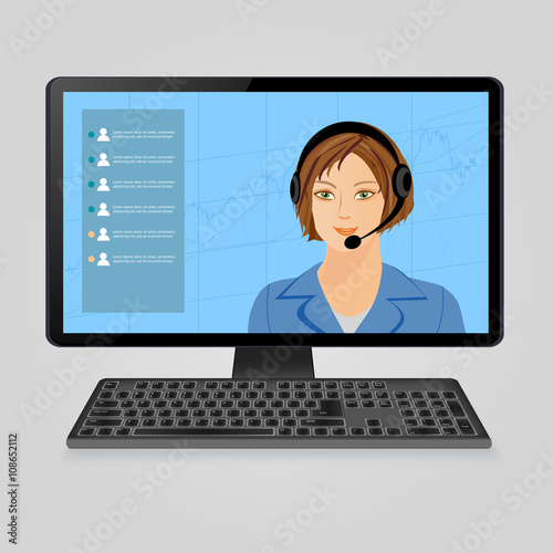 Woman with headphones on computer monitor screen. Call center, online  customer  live support, webinar and training on the web and online education concept. Vector illustration.