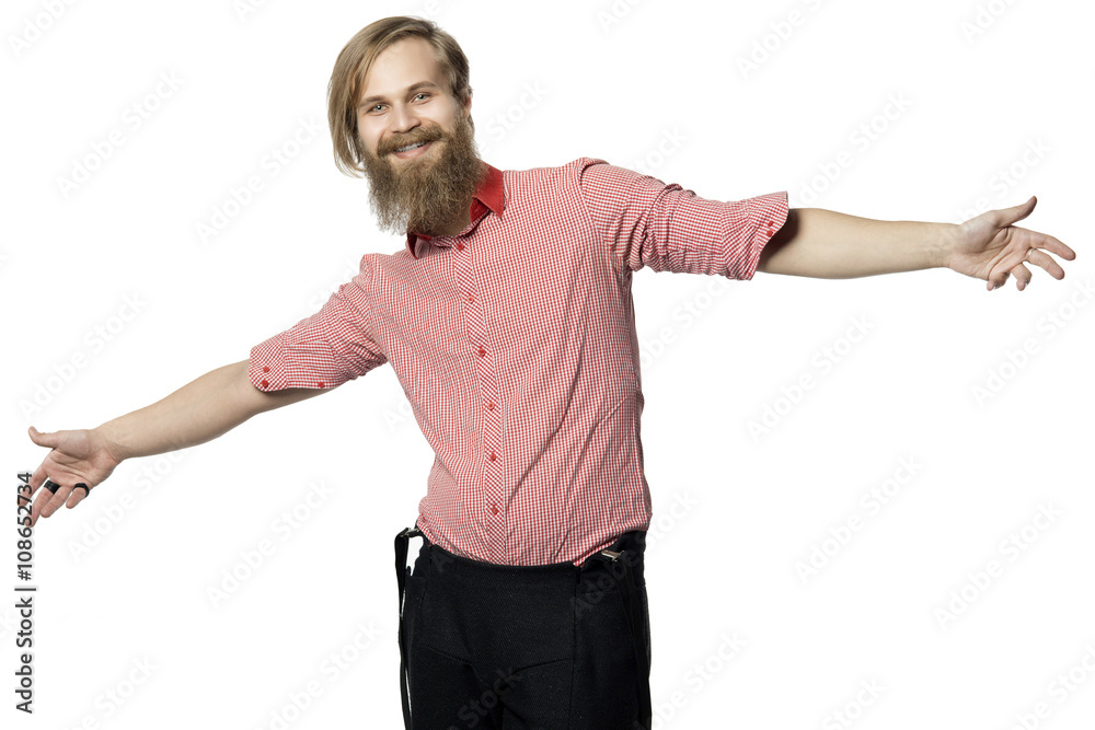 the young man with a beard of the European appearance smiles on the young man with a beard of the European appearance smiles on