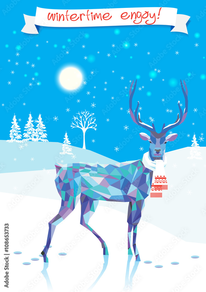 lovely Christmas image. Deer, winter landscape, Christmas tree. vector illustration