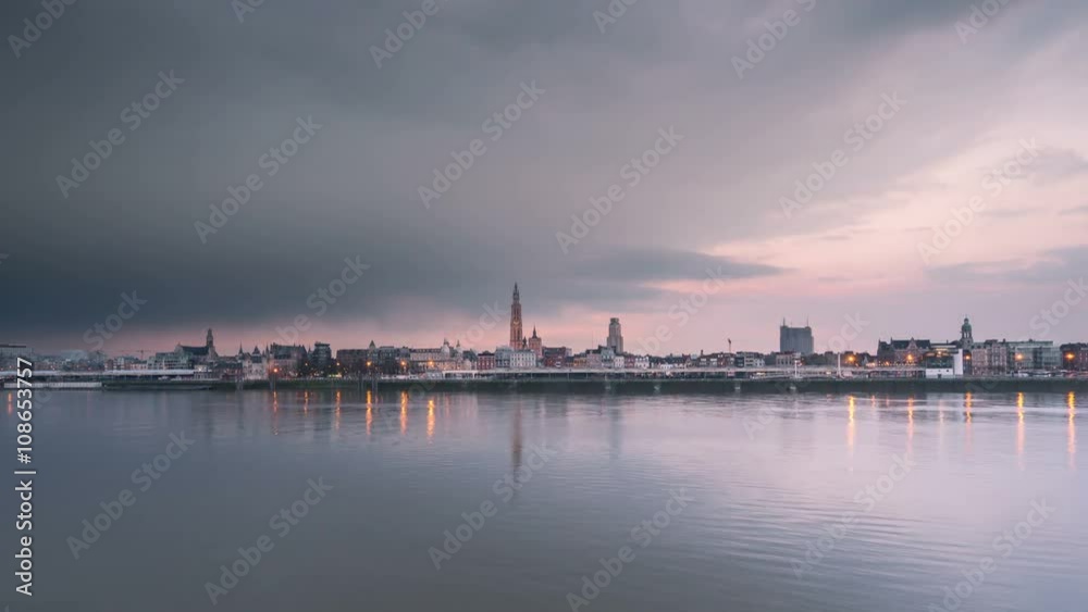 timelapse of antwerp city skyline at sunset from day to night timelapse of antwerp city skyline at sunset from day to night