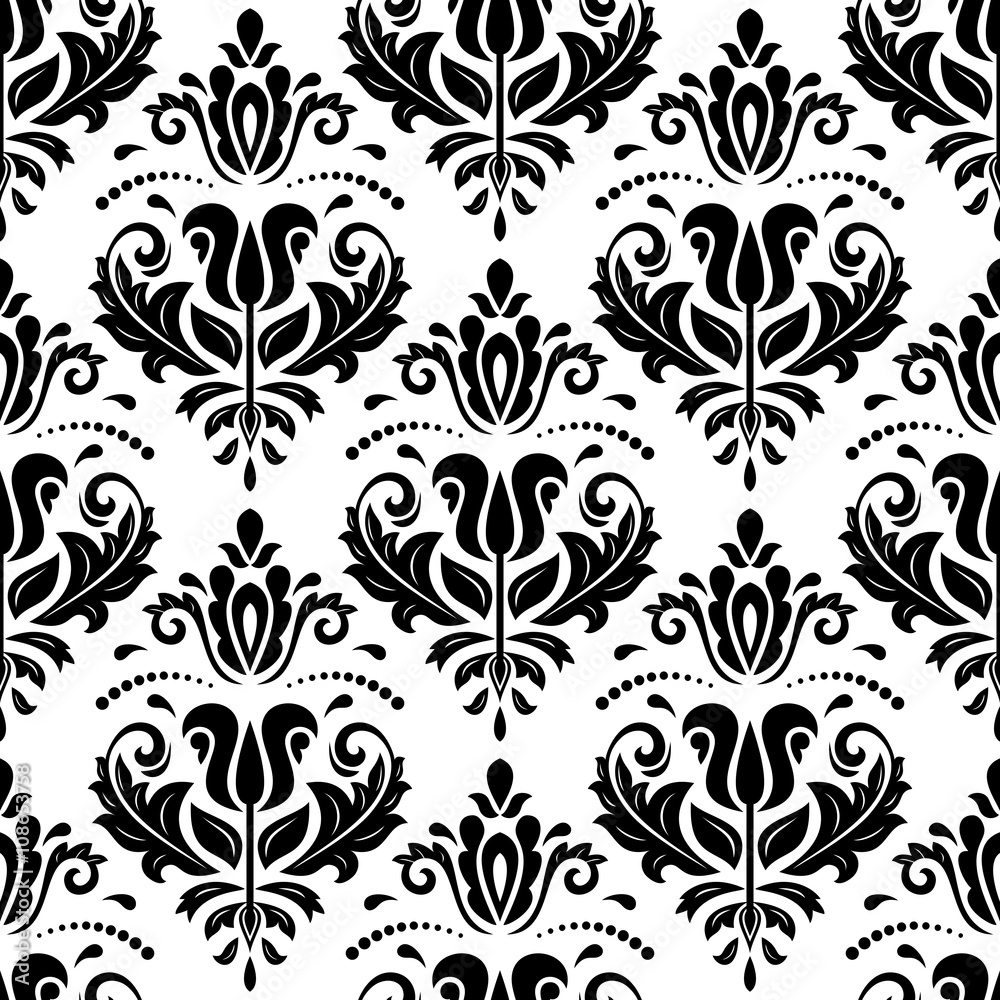 Seamless oriental black and white ornament in the style of baroque. Traditional classic vector pattern
