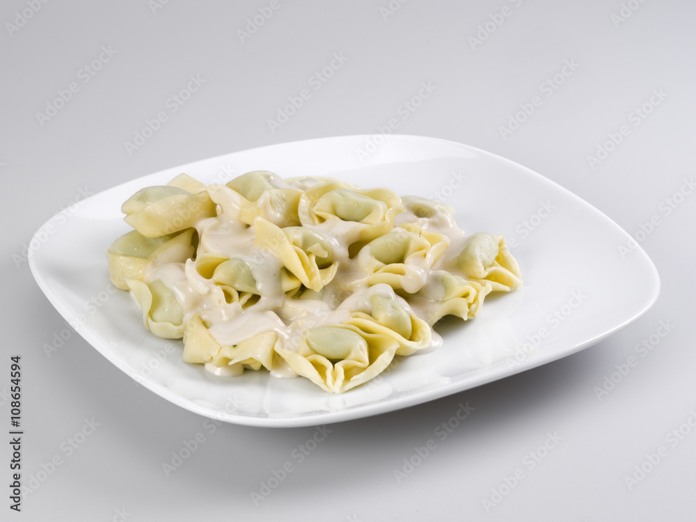 Closeup of a bowl of tortellini stuffed with spinach, four cheese sauce Closeup of a bowl of tortellini stuffed with spinach, four cheese sauce