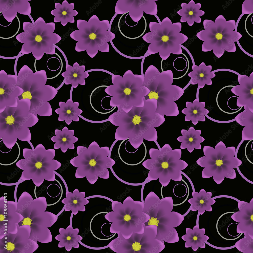 Floral seamless pattern in retro style, cartoon cute flowers black background Floral seamless pattern in retro style, cartoon cute flowers black background