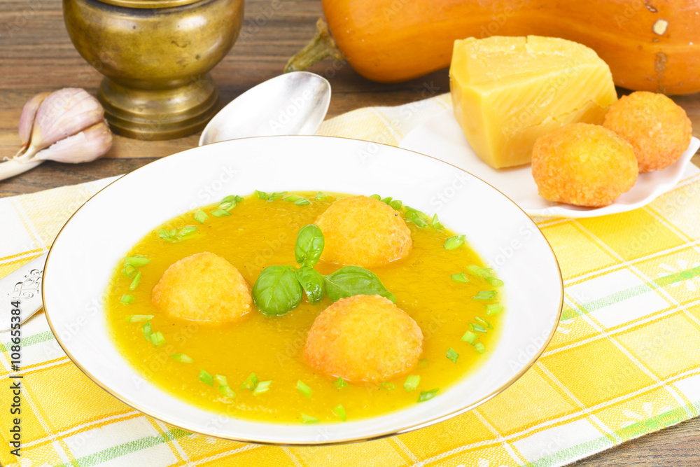 Carrot, Pumpkin Cream Soup with Cheese Balls Diet Food Carrot, Pumpkin Cream Soup with Cheese Balls Diet Food