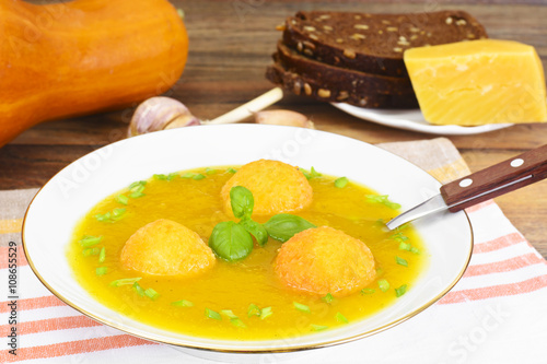 Carrot, Pumpkin Cream Soup with Cheese Balls Diet Food