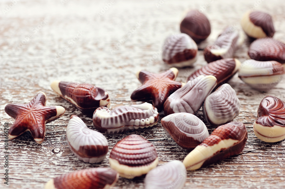 Swiss chocolate seashells on wooden background
