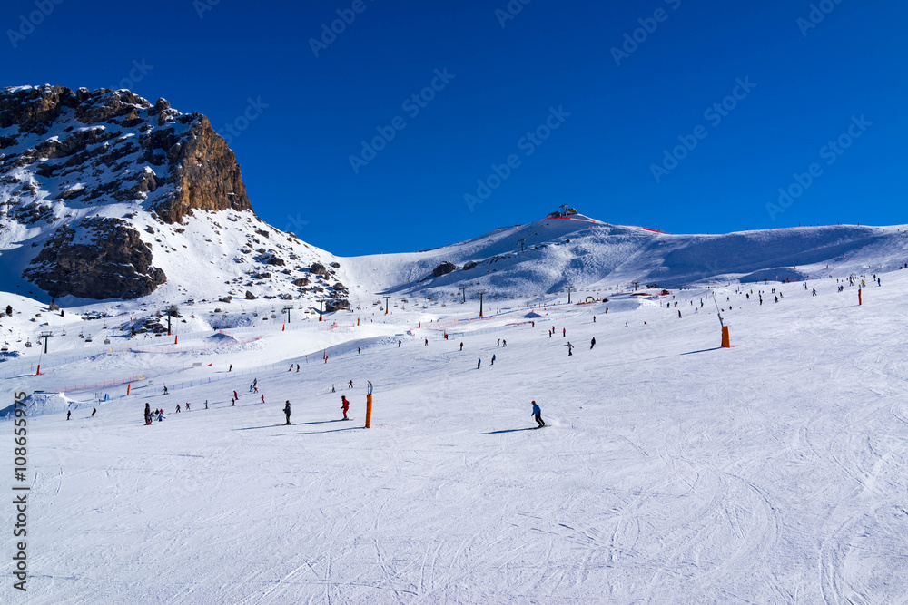 The Val di Fassa Italy ski resort, view of slopes for driving