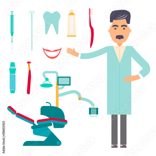Stomatologist. Dental care flat decorative icons set with stomatologist tools 