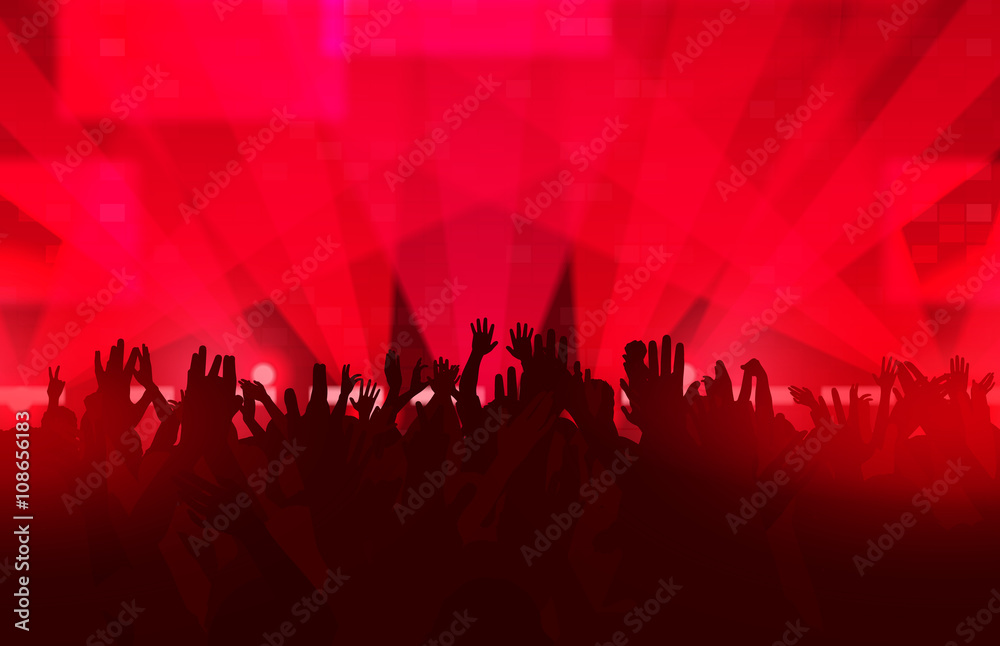 Music festival with dancing people and glowing lights. Creative