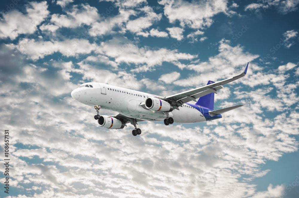 Fototapeta premium Airplane flying on blurred blue sky
