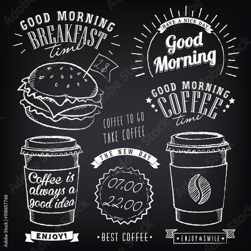 Set of graphic elements for design of theme of Breakfast Good morning. Cups of coffee. Stylized of chalk sketch